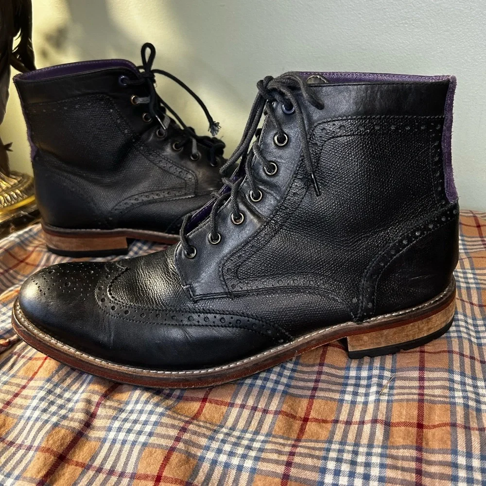 Ted Baker Sealls 3 Black & Purple Accent Leather Wing-tip Brogue Boots